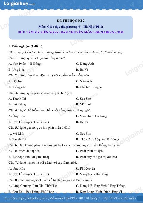 Đề thi HK2 GDĐP 6 Hà Nội - Đề 1 - loigiaihay.com